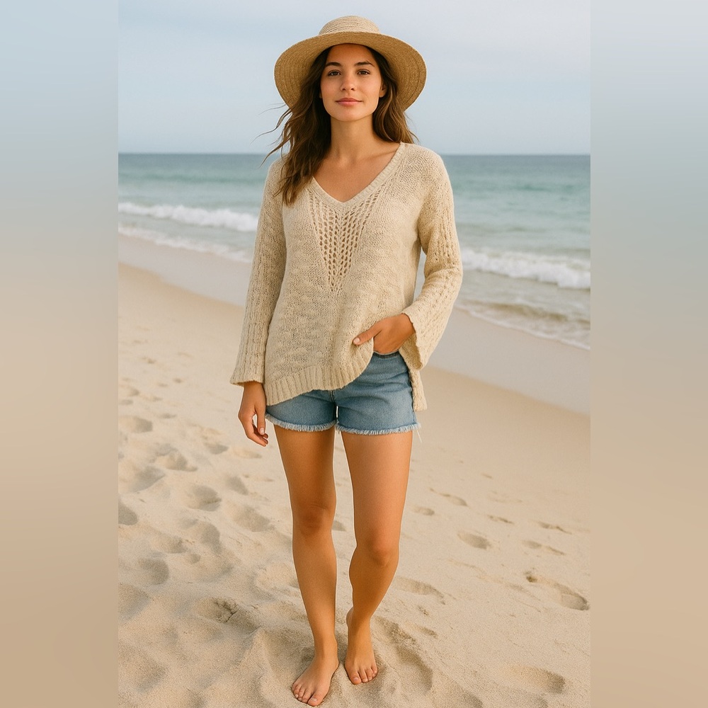 Vintage Havana Cream Slub Knit Sweater Shark Bite Hem Bell Sleeves Sz S EUC